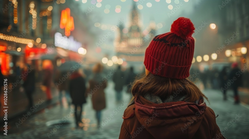 Woman in red beanie observing festive city street lights on a foggy evening Woman in red beanie observing festive city street lights on a foggy evening