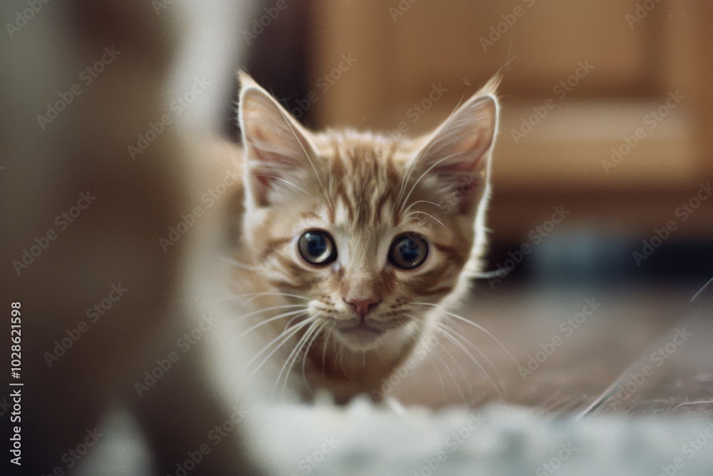 A kitten peers with wide-eyed curiosity, capturing a sense of playful wonder and innocence. A kitten peers with wide-eyed curiosity, capturing a sense of playful wonder and innocence.