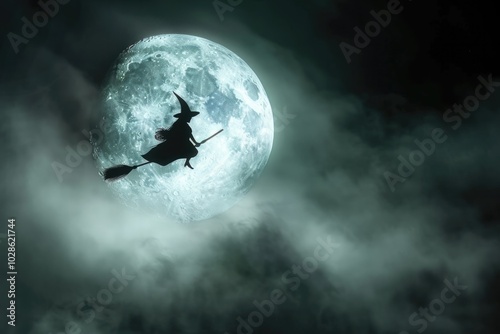 Silhouette of a Witch Flying on a Broomstick Against a Full Moon with Dark Mist and Colorful Fog, creepy halloween photo