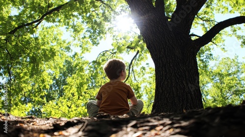 Stock minimalist photograph of a white tan-skinned boy sitting under a large tree, looking up at the branches, surrounded by dappled sunlight filtering through the leaves