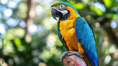 Vibrant Macaw Perched on Tree Branch in Lush Environment