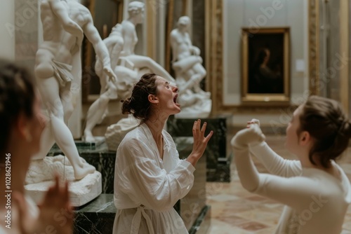 Amidst grand sculptures, a woman joyously expresses herself in an art museum, merging her vitality with artistic stillness, capturing profound interaction. photo