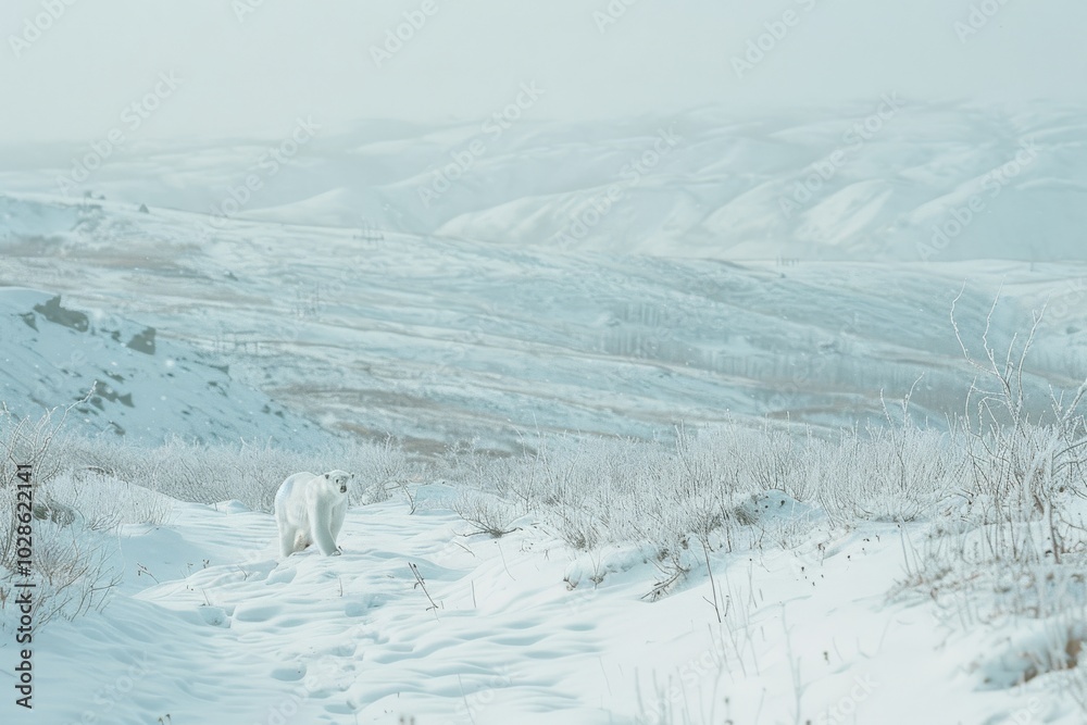 A solitary polar bear traverses a sprawling, snow-covered tundra, exuding a sense of quiet resilience amidst the stark, expansive landscape. A solitary polar bear traverses a sprawling, snow-covered tundra, exuding a sense of quiet resilience amidst the stark, expansive landscape.