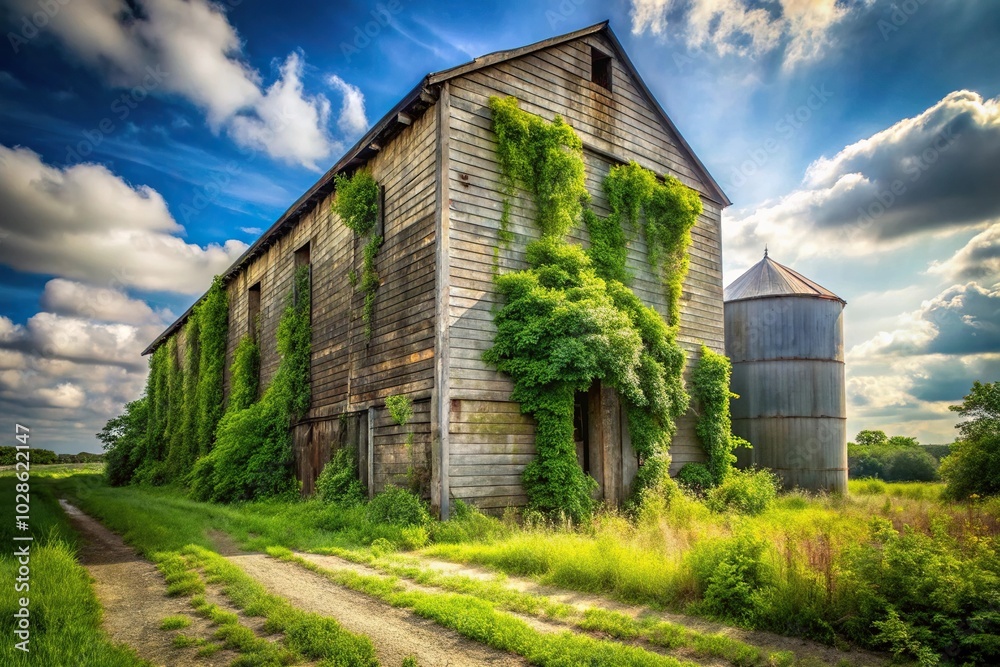 Overgrown abandoned seed storage building surrounded by leading lines Overgrown abandoned seed storage building surrounded by leading lines