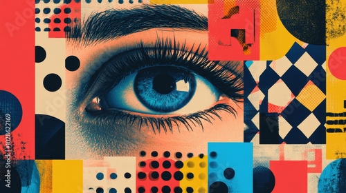 Eye-catching collage element representing the search concept, blending contemporary design with bold colors, abstract patterns, and familiar search symbols. Ideal for marketing and digital media.