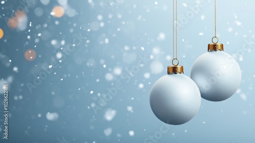 White background with softly falling snow and delicate Christmas baubles hanging, providing a clean and elegant look 