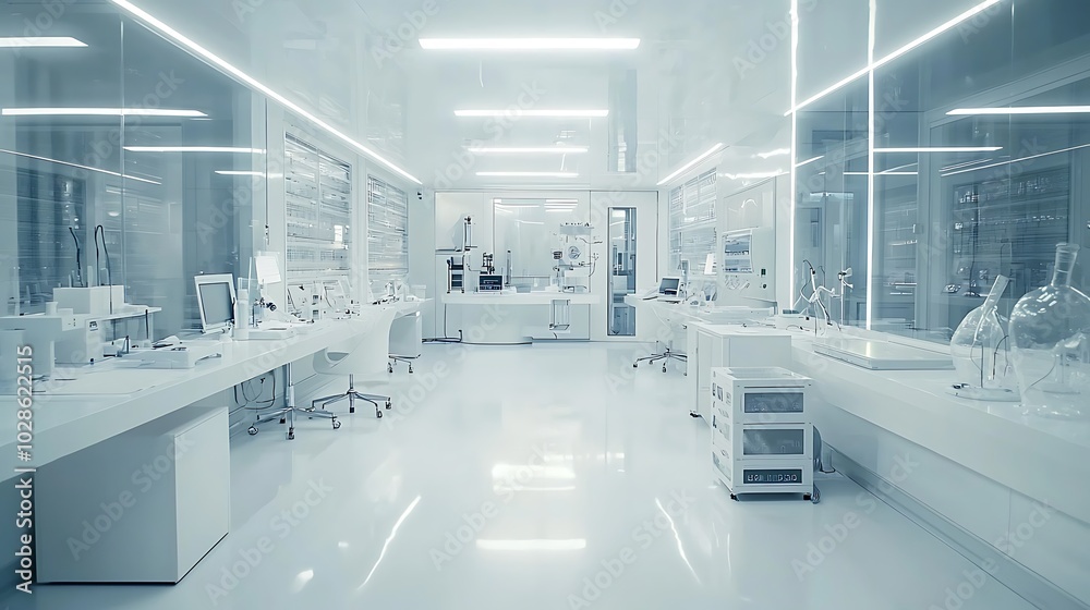 Obraz premium State-of-the-art devices fill a pure white laboratory space dedicated to science.