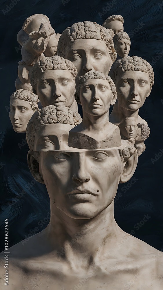 Naklejka premium Collage with many plaster antique sculpture of human face in a surreal art style. Modern creative concept image with ancient statue head. Contemporary art poster. Funky surrealism. Zine culture.