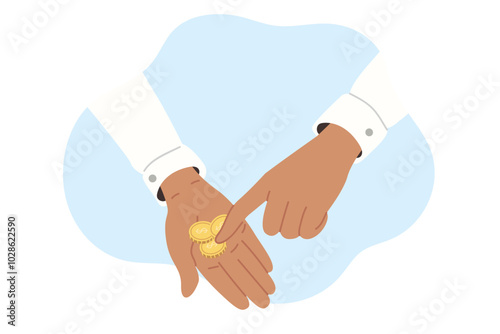 Coins in hands of poor man counting savings and money has to buy food or clothing. Poor man is experiencing financial difficulties due to crisis and recession causing inflation making life worse