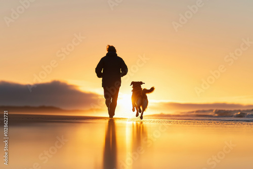 Fototapeta Naklejka Na Ścianę i Meble -  Best Friend Moments Humans and Dogs, A person runs along the beach with a dog at sunset, capturing the joy of companionship in a serene and beautiful setting.
