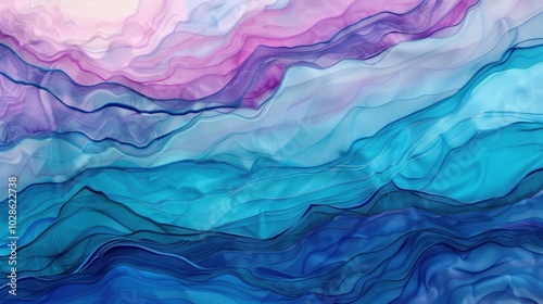 Abstract artwork featuring layered flowing shapes in shades of blue and purple, resembling waves or fabric, creating a calming effect.