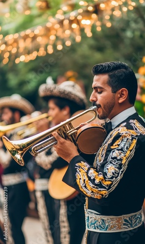 Man playing trumpet in mariachi outfit.
