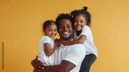 A joyful father embraces his two smiling daughters against a bright yellow background, capturing a moment of happiness and love