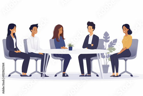 2D illustration of office people sitting in the meeting room.