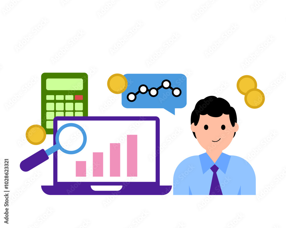 A man using mathematical, statistical data to solve economic problems. Simple flat vector illustration. A man using mathematical, statistical data to solve economic problems. Simple flat vector illustration.
