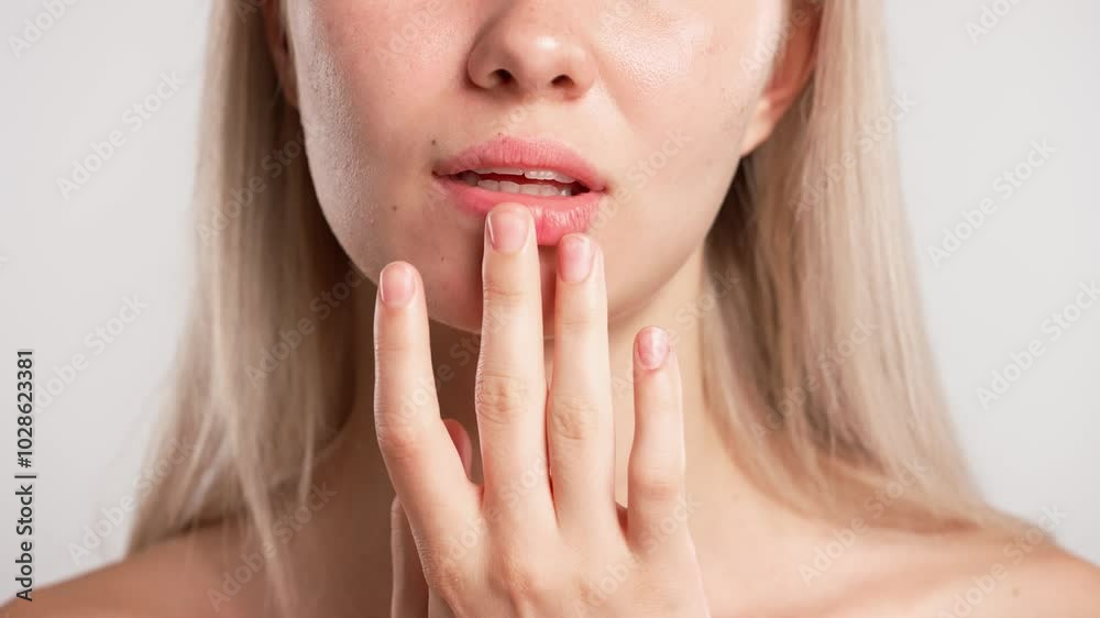 Young blonde woman posing at camera, touches chin face line skin, isolated on white studio background close up shot. Beauty skin care concept Young blonde woman posing at camera, touches chin face line skin, isolated on white studio background close up shot. Beauty skin care concept