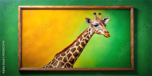 Painting of a giraffe on green and yellow background in rectangular frame low angle photo