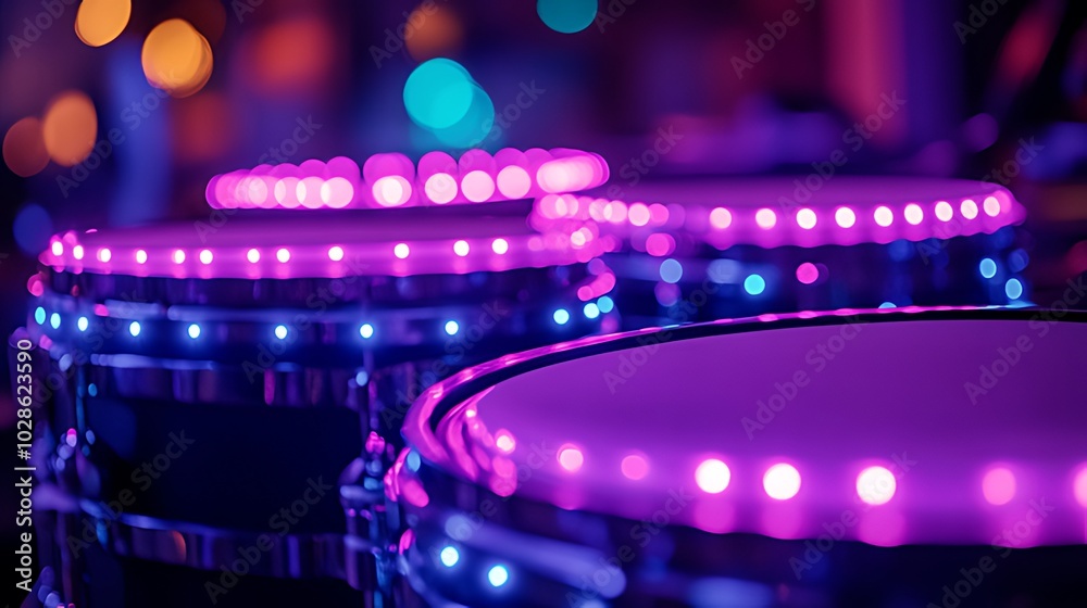 Close-up of a drum set with pink LED lights and a blurred background. Close-up of a drum set with pink LED lights and a blurred background.