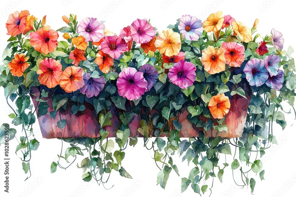 Obraz premium Colorful petunias in hanging pots with vibrant green leaves in watercolor style Generative AI