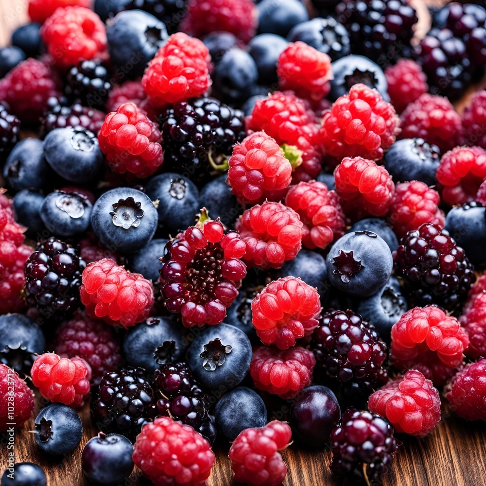 Close-up shot of mixed mulberries and blueberries with water droplets on wooden surface in bright natural lighting
