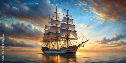 Fototapeta Naklejka Na Ścianę i Meble -  painting of majestic royal tall ship on calm sea