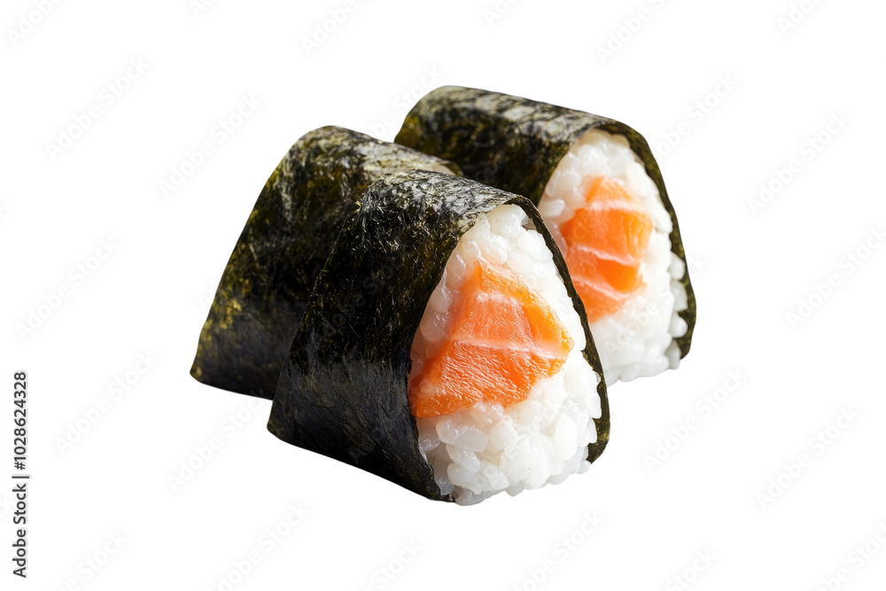 Onigiri rice balls with salmon wrapped in nori on a transparent background Onigiri rice balls with salmon wrapped in nori on a transparent background