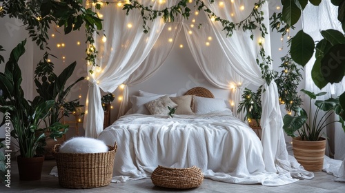 A bedroom with a canopy bed draped in white linens