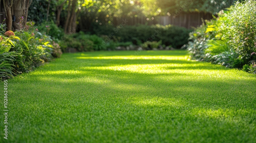 Naklejka premium Lush Green Lawn Under Soft Sunlight