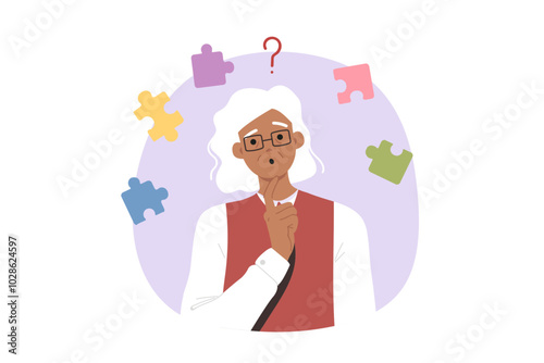 Dementia and memory impairment confuse elderly woman who needs pills to improve brain function. Problem of dementia caused by old age, in gray-haired lady standing among puzzle pieces