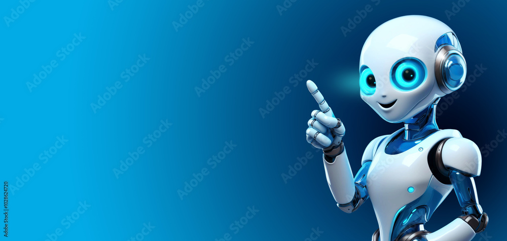 Closeup of a cute adorable white and blue robot with a sleek design pointing enthusiastically an empty area next to it against a blue background with copy space. Wide angle banner. Generative Ai. Closeup of a cute adorable white and blue robot with a sleek design pointing enthusiastically an empty area next to it against a blue background with copy space. Wide angle banner. Generative Ai.
