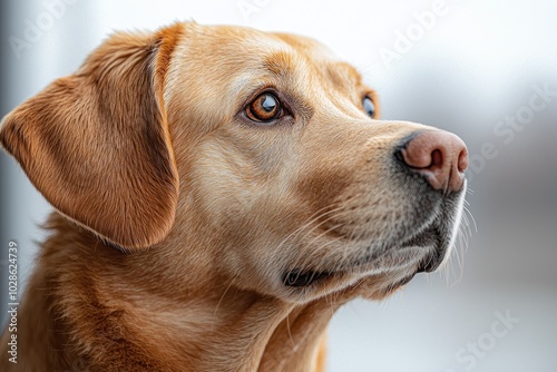 Close-up of a golden Labrador retriever with expressive eyes looking up indoors Generative AI