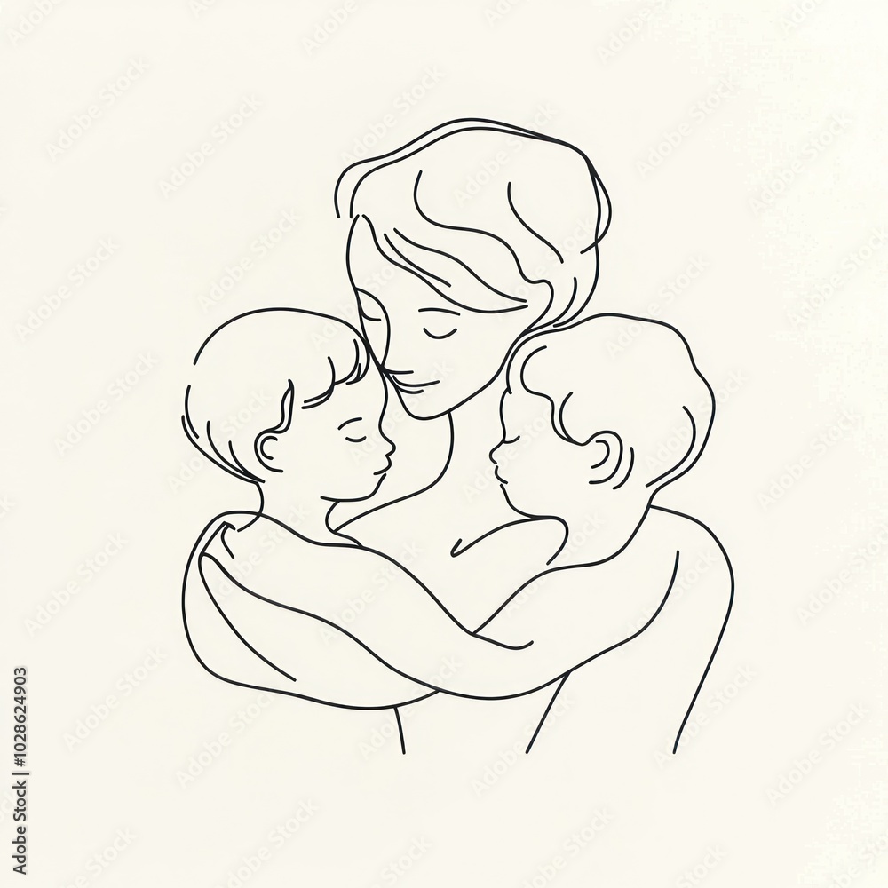 Simple line drawing of a mother holding two children in her arms Generative AI Simple line drawing of a mother holding two children in her arms Generative AI