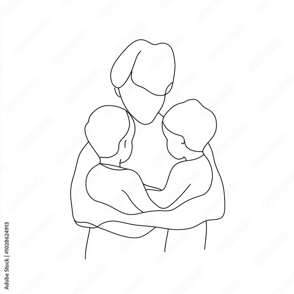 Simple line drawing of a mother holding two children in her arms Generative AI Simple line drawing of a mother holding two children in her arms Generative AI