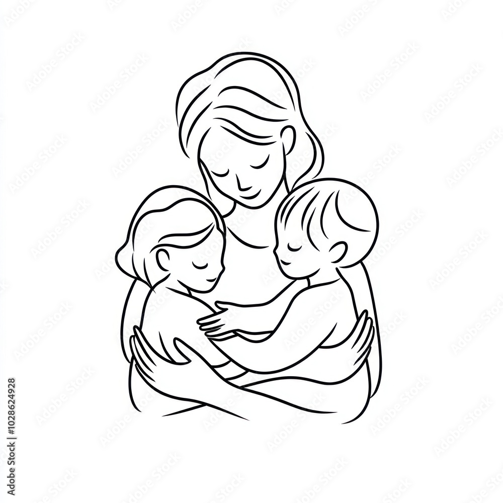 Simple line drawing of a mother holding two children in her arms Generative AI Simple line drawing of a mother holding two children in her arms Generative AI