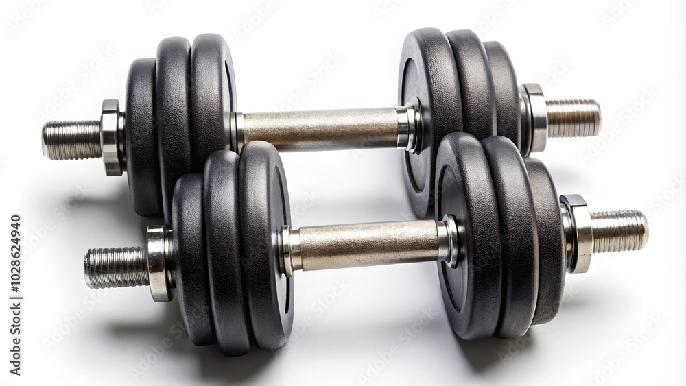Pair of ten pound dumbbells on white background bird eye view Pair of ten pound dumbbells on white background bird eye view