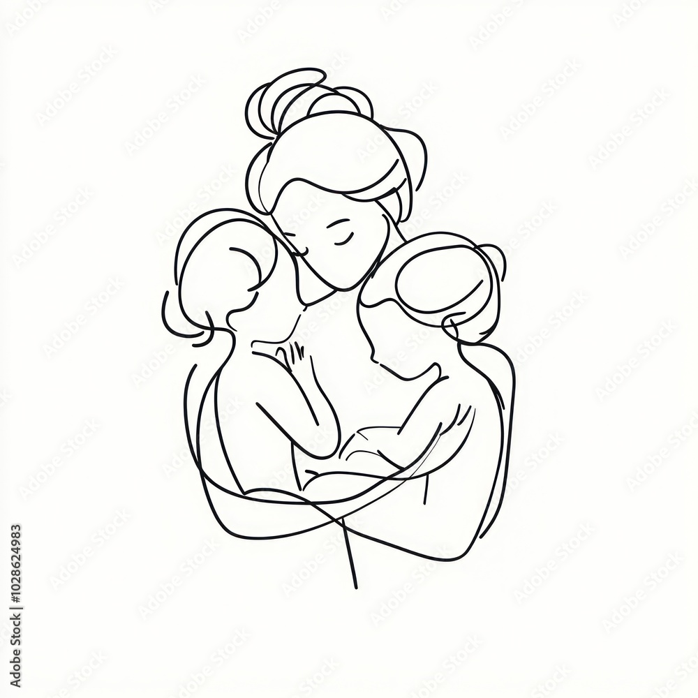 Simple line drawing of a mother holding two children in her arms Generative AI Simple line drawing of a mother holding two children in her arms Generative AI
