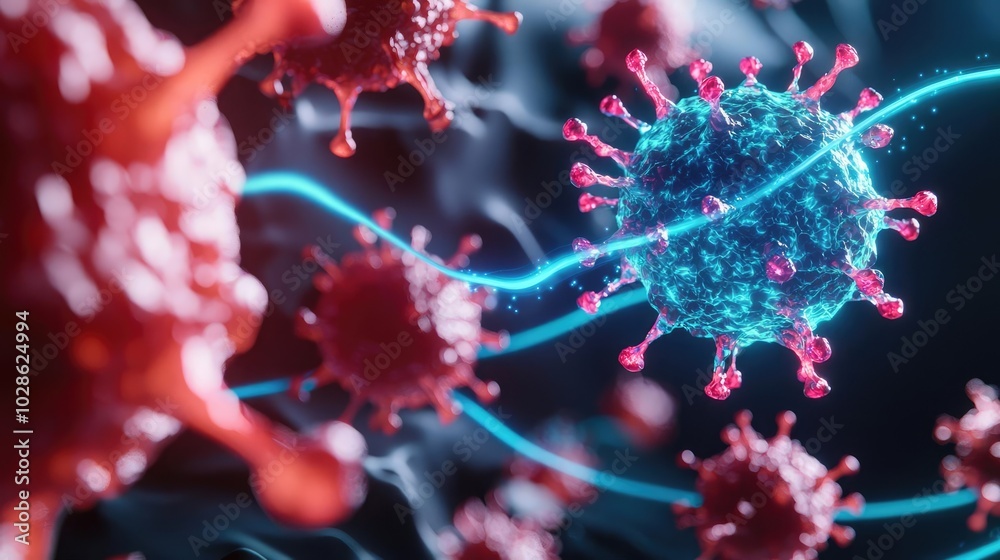 Detailed close-up of virus structure in a scientific illustration. Detailed close-up of virus structure in a scientific illustration.