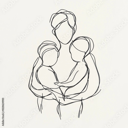 Simple line drawing of a mother holding two children in her arms Generative AI