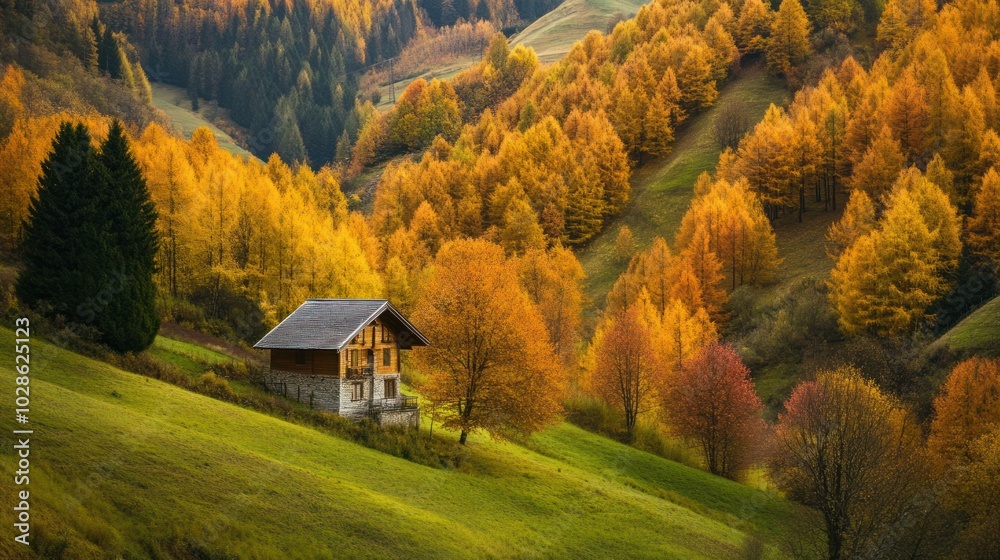 A Rustic Cabin Nestled Amidst Vibrant Autumn Foliage on a Rolling Hillside A Rustic Cabin Nestled Amidst Vibrant Autumn Foliage on a Rolling Hillside