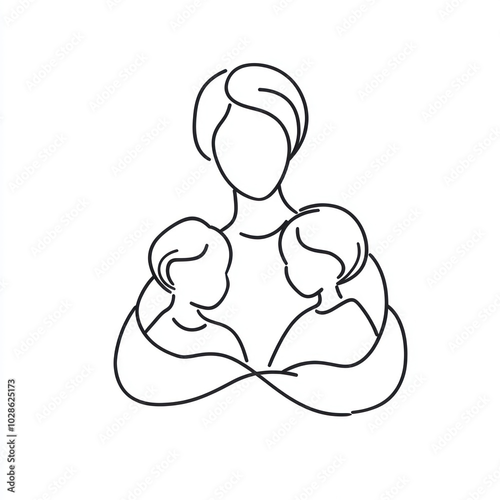 Simple line drawing of a mother holding two children in her arms Generative AI