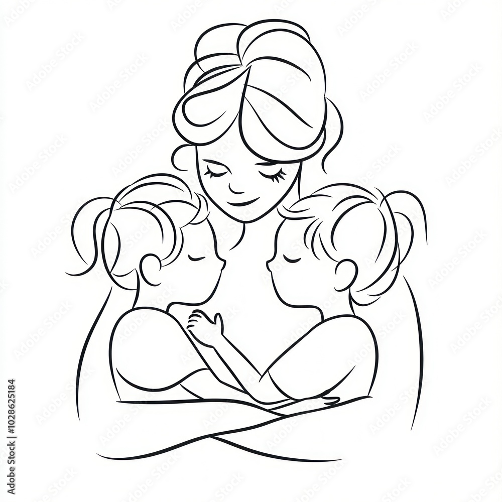 Simple line drawing of a mother holding two children in her arms Generative AI Simple line drawing of a mother holding two children in her arms Generative AI