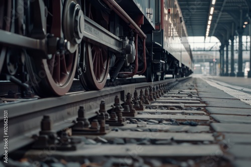 Red train stationary on tracks in a grand station, emphasizing industrial strength against the vast roof, invoking a sense of journey and adventure.