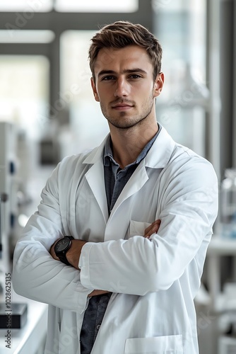 Young male professional confidently poses in a lab coat in a laboratory.