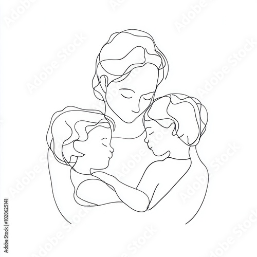 Simple line drawing of a mother holding two children in her arms Generative AI