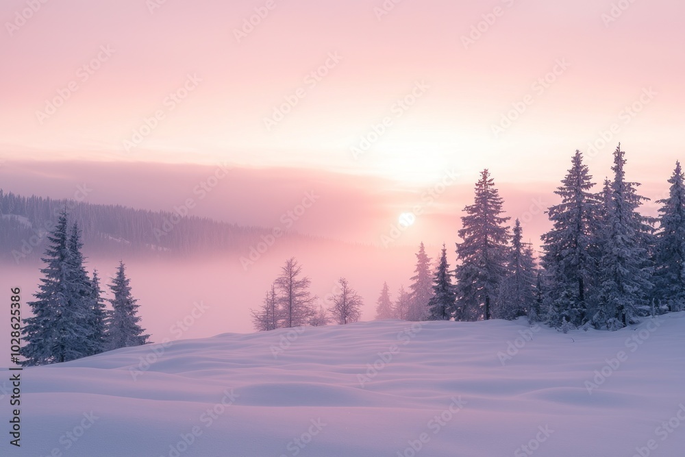 Snow-covered forest landscape with mist at sunrise under a pink sky Generative AI Snow-covered forest landscape with mist at sunrise under a pink sky Generative AI