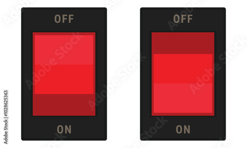 Rectangle rocker switch with red button and ON OFF labels. Vector image for electric illustrations or control schemas