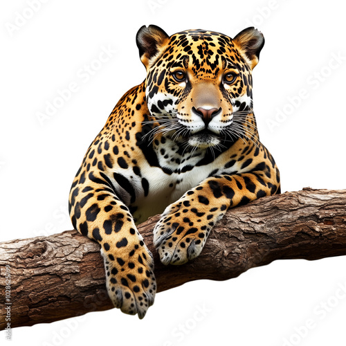 Jaguar on tree trunk isolated on transparent background