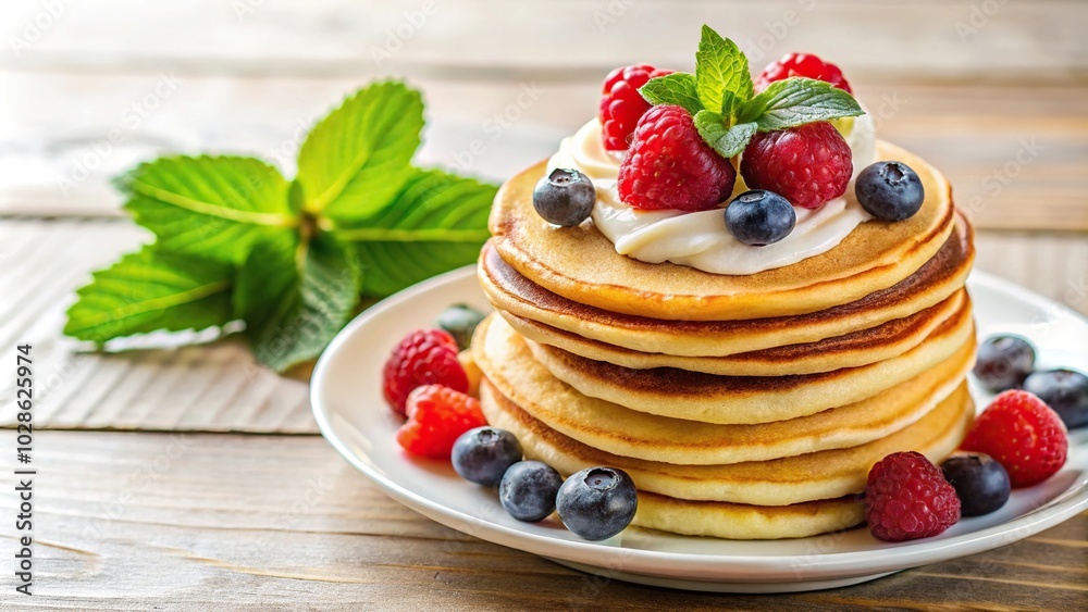 Pancakes with berries, mint leaves, delicate cream on plate in bright daylight low angle