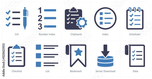 A set of 10 mix icons as list, number index clipboard