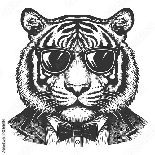 stylish tiger wearing sunglasses, a suit, and a bow tie, combining elegance with bold attitude sketch engraving generative ai raster illustration. Scratch board imitation. Black and white image.